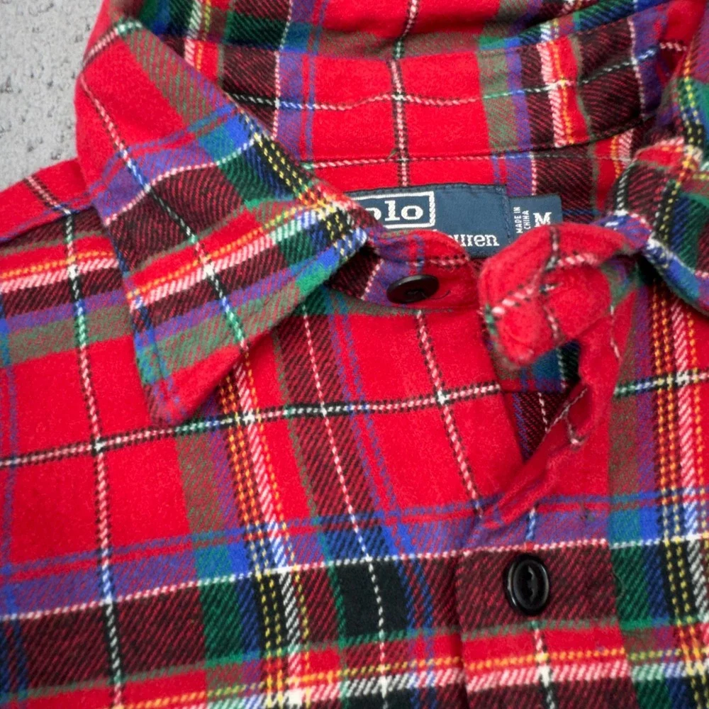 Polo Ralph Lauren Shirt Mens Medium Red Plaid Flannel Heavyweight Button Up
